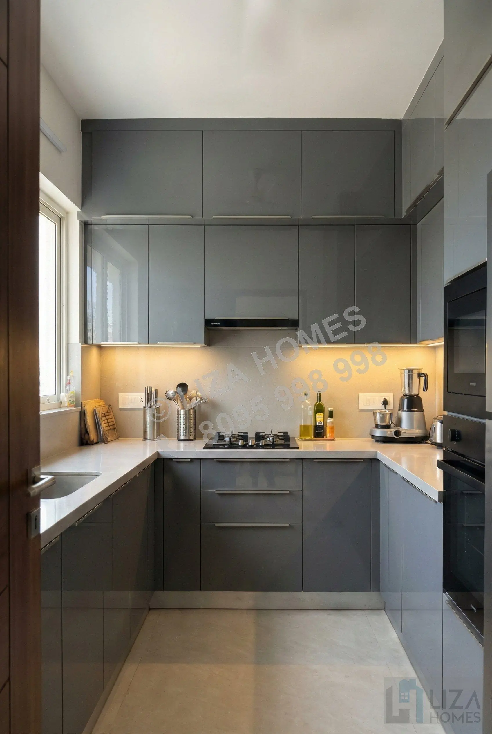Grey Acrylic Glossy Modular Kitchen Design